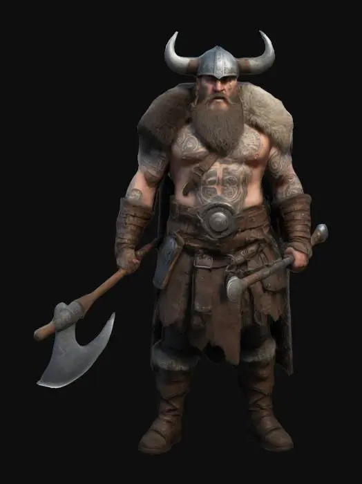 3D model for #ChronoForgeWeapon#. north man warrior. aggressive face . 3D. Standing. Arm tribal tattoos. viking leather armor. viking hat. well-lit.holding a Chrono Forge Weapon axe in one Hand.
