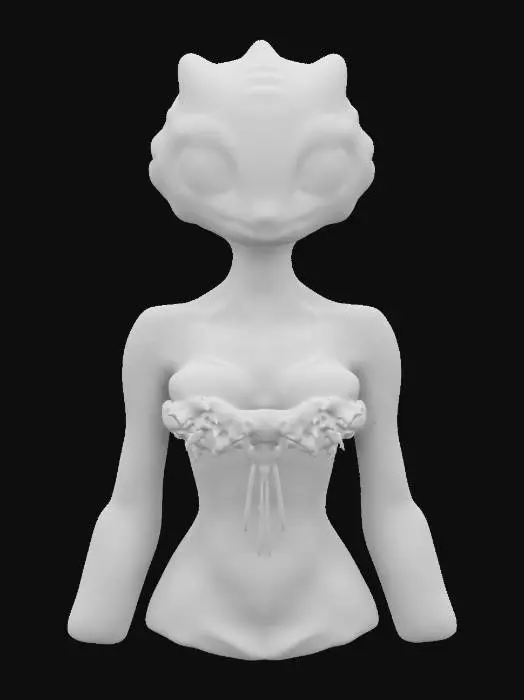 3D model for ultra-realistic.Space inspiriert Female creature.From water planet world.Ensure Sexy Elegant and graceful look. Feminine Body proportions. 3D.full body. reptile style skin,huge globular red eyes elegant Beach wear clothing.add a tech feathers belt, smiling face design. Ensure all walls and features are very thick. Include bold, recessed features with a huge depth. Maintain sharp, clean lines. Embossed features to rise high above the surface. Recess etched details very deep for clarity.