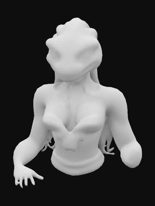 3D model for ultra-realistic.Space inspiriert Female creature.From water planet world.Ensure Sexy Elegant and graceful look. Feminine Body proportions. 3D.full body. reptile style  skin,huge  globular red eyes  elegant Beach wear  clothing.add a tech feathers belt, smiling face design. Ensure all walls and features are very thick. Include bold, recessed features with a huge depth. Maintain sharp, clean lines. Embossed features to rise high above the surface. Recess etched details very deep for clarity.