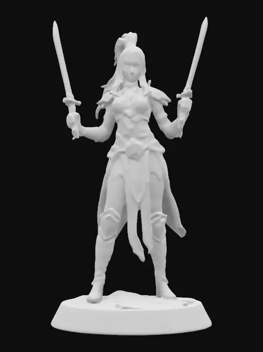 3D model for realistic. art-style :Dungeons & Dragons. princess face .a Huge  Female Guard with two Daggers. wearing light iron armor. red Iroquois hair. great elegance.huge breast. muscular body. 3d. full size.standing. 3D-Print. on a round rough stone base. overall a Lovely sexy character appearance.