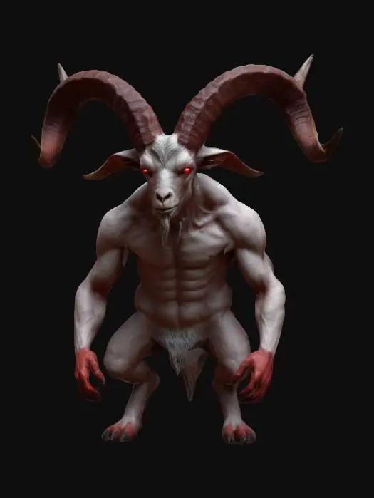 3D model for Create a 3D model of agoat-headed demon with large horns, very strong. strong full body, very strong and muscles goat legs, physical constructionist, standing posture, demon skins, HD realistic, serious, red goat eyes, ultra details.