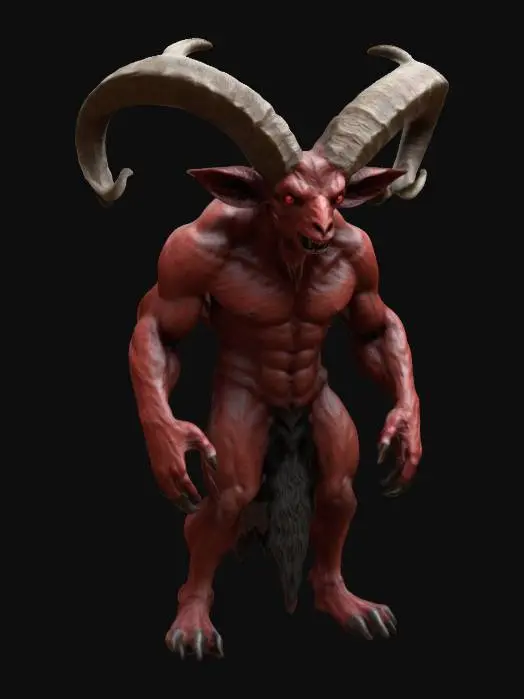 3D model for Create a 3D model of agoat-headed demon with large horns, very strong. strong full body, very strong and muscles goat legs, physical constructionist, standing posture, demon skins, HD realistic, serious, red goat eyes, ultra details.