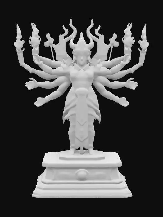 3D model for Statue of Ravana. A many-armed demon king, wearing golden armor, wielding multiple torches.standing on a wooden platform.ultra-detailed.high-resolution.