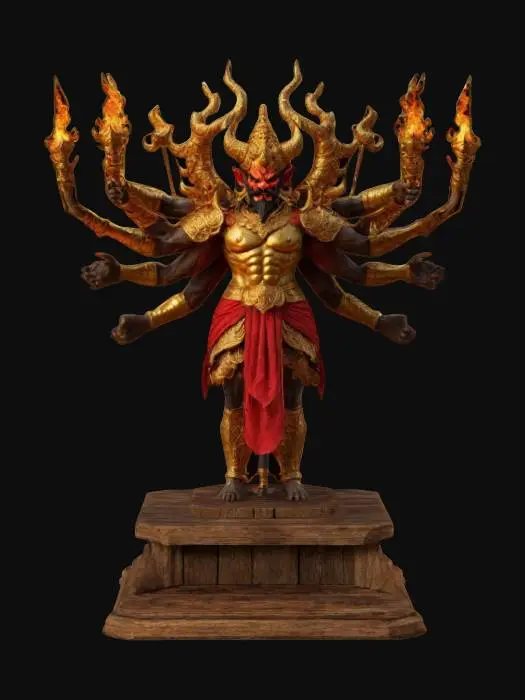3D model for Statue of Ravana. A many-armed demon king, wearing golden armor, wielding multiple torches.standing on a wooden platform.ultra-detailed.high-resolution.