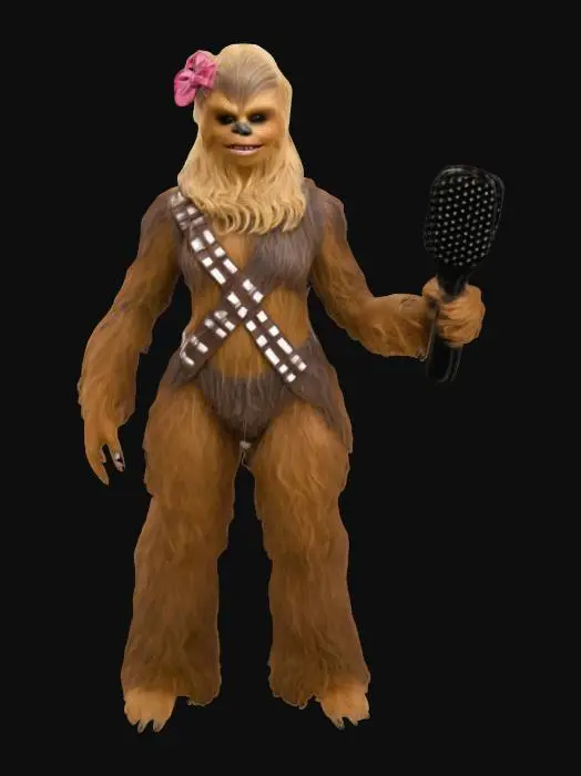 3D model for #women#. female Chewbacca, blonde permed hair with a bow, female body shape, holding a hairbrush.