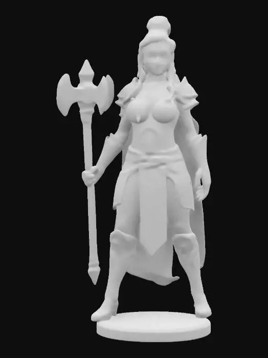 3D model for realistic. art-style :Dungeons & Dragons. princess face .a Huge  Female Guard with a "thor" like Hammer. wearing light iron armor. red Iroquois hair. great elegance.huge breast. muscular body. trousers. 3d. full size.standing. solid.cape-less 3D-Print. on a round rough ornament stone base. overall a Lovely sexy character appearance., #women#