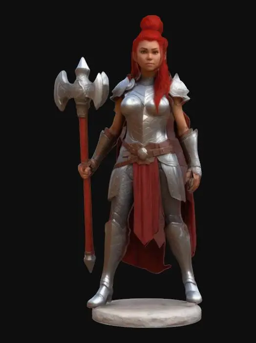 3D model for realistic. art-style :Dungeons & Dragons. princess face .a Huge  Female Guard with a "thor" like Hammer. wearing light iron armor. red Iroquois hair. great elegance.huge breast. muscular body. trousers. 3d. full size.standing. solid.cape-less 3D-Print. on a round rough ornament stone base. overall a Lovely sexy character appearance., #women#