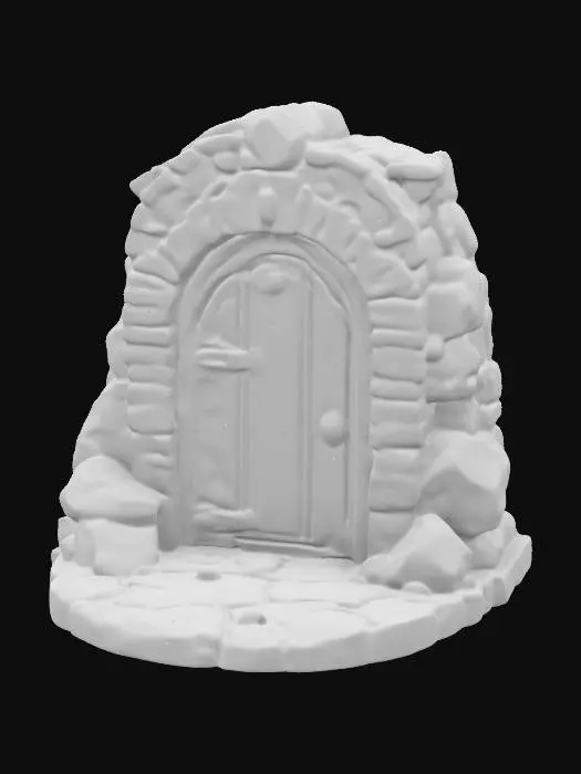 3D model for art-style :Dungeons & Dragons.masterpiece.mysterious. mystical. Ancient. whimsical dungeon doorway made out of clay bricks and Stones. Place it on a small oval base have the archway adorned with carvings add some color change to the stones.hand-painted with aqua colors.well-lit. 