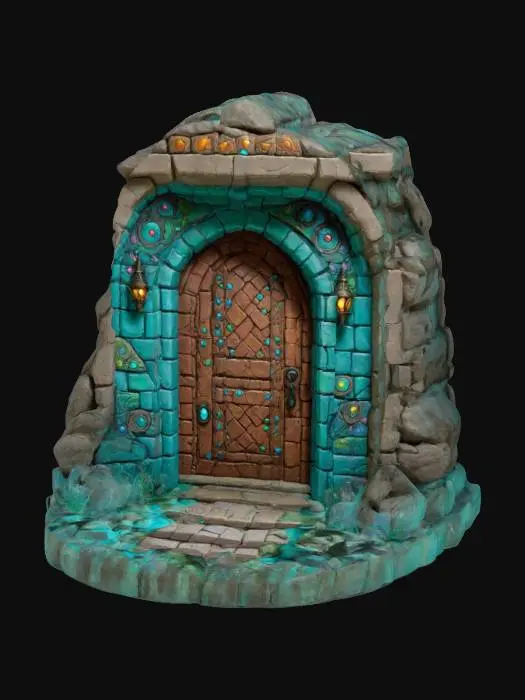 3D model for art-style :Dungeons & Dragons.masterpiece.mysterious. mystical. Ancient. whimsical dungeon doorway made out of clay bricks and Stones. Place it on a small oval base have the archway adorned with carvings add some color change to the stones.hand-painted with aqua colors.well-lit. 