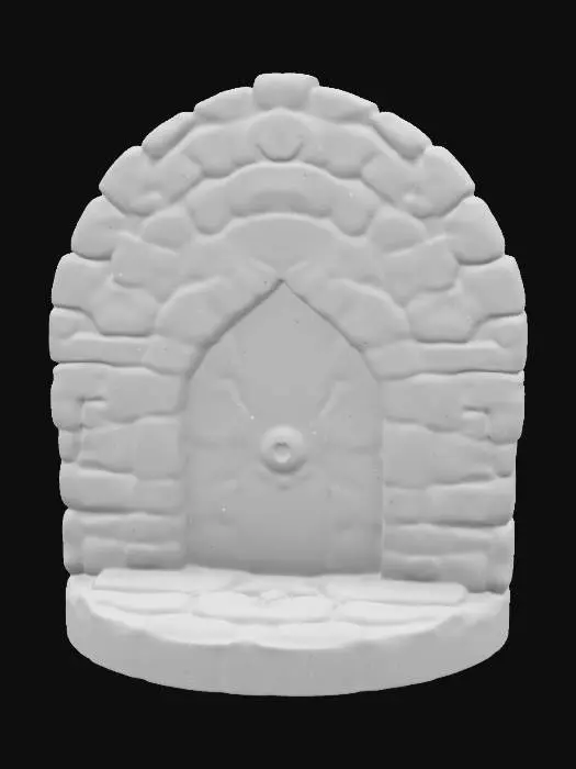 3D model for art-style :Dungeons & Dragons.masterpiece.mysterious. mystical. Ancient. whimsical dungeon doorway made out of clay bricks and Stones. Place it on a small oval base have the archway adorned with carvings add some color change to the stones.hand-painted with aqua colors.well-lit. 
