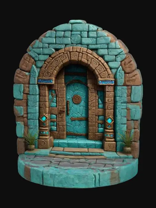 3D model for art-style :Dungeons & Dragons.masterpiece.mysterious. mystical. Ancient. whimsical dungeon doorway made out of clay bricks and Stones. Place it on a small oval base have the archway adorned with carvings add some color change to the stones.hand-painted with aqua colors.well-lit. 