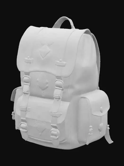 3D model for ultra realistic. Create a backpack of weathered brown leather. with brass buckles and side holders for tools or potions. Top flap secured with a leather strap and buckle. padded shoulder straps for comfort. Rugged and practical, with mystical details, ideal for an explorer.