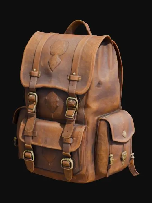 3D model for ultra realistic. Create a backpack of weathered brown leather. with brass buckles and side holders for tools or potions. Top flap secured with a leather strap and buckle. padded shoulder straps for comfort. Rugged and practical, with mystical details, ideal for an explorer.