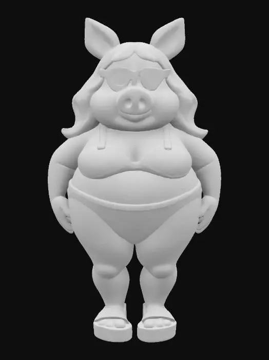 3D model for Ultra realistic, it is "miss piggy" , slightly thick body, 3d , full body ,wearing a red bikini, warm toned human skin color , art-style:cartooni, wearing modern red platform sandals, oversized blue glasses.