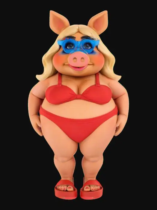 3D model for Ultra realistic, it is "miss piggy" , slightly thick body, 3d , full body ,wearing a red bikini, warm toned human skin color , art-style:cartooni, wearing modern red platform sandals, oversized blue glasses.