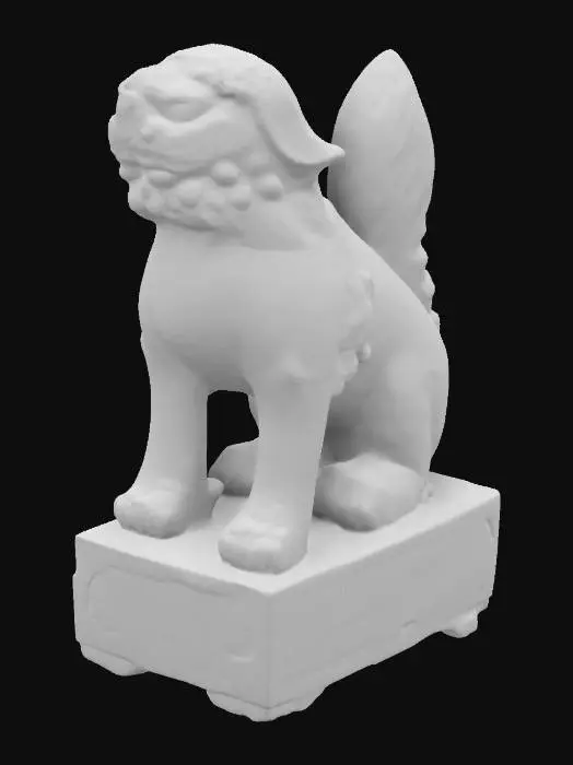 3D model for weathered, statue,  Guardian Lion, solid, ocker sandstone, handmade, handcrafted, round ornamented  base, carved,detailed ,Inca Style, angry look , closed mouth , ensure it is a 3D-printable object . 
