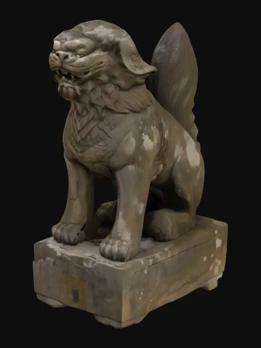 3D model for weathered, statue,  Guardian Lion, solid, ocker sandstone, handmade, handcrafted, round ornamented  base, carved,detailed ,Inca Style, angry look , closed mouth , ensure it is a 3D-printable object . 