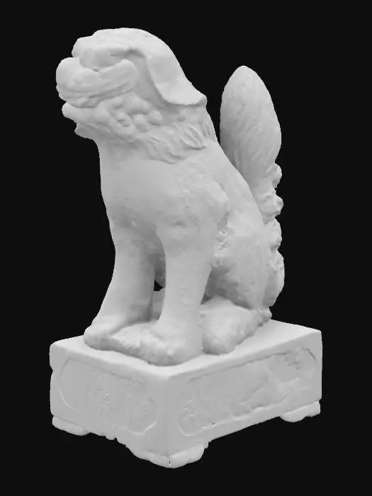 3D model for weathered, statue,  Guardian Lion, solid, ocker sandstone, handmade, handcrafted, round ornamented  base, carved,detailed ,Inca Style, angry look , closed mouth , ensure it is a 3D-printable object . 