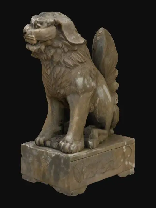 3D model for weathered, statue,  Guardian Lion, solid, ocker sandstone, handmade, handcrafted, round ornamented  base, carved,detailed ,Inca Style, angry look , closed mouth , ensure it is a 3D-printable object . 