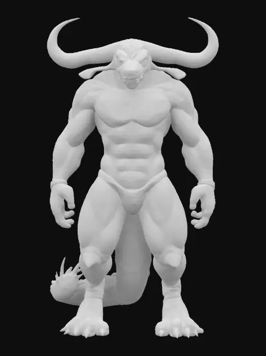 3D model for Ultra Realistic, create A Hybrid of Minotaur with Gator, Detailed, Full Body, Imposing visual Arm and Leg muscles, Unobstructed fearful Face , Tall Structured, Built Body, Brownish skin in bull part and Dark greenish on Gator Parts,Minotaur Outwards Horns,Brute.
