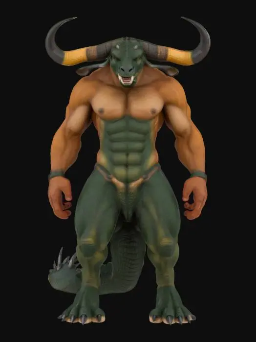 3D model for Ultra Realistic, create A Hybrid of Minotaur with Gator, Detailed, Full Body, Imposing visual Arm and Leg muscles, Unobstructed fearful Face , Tall Structured, Built Body, Brownish skin in bull part and Dark greenish on Gator Parts,Minotaur Outwards Horns,Brute.
