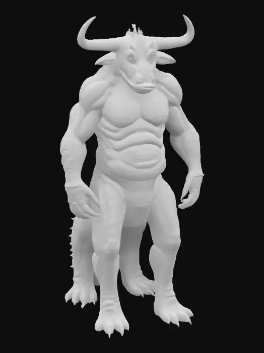 3D model for Ultra Realistic, create A Hybrid of Minotaur with Gator, Detailed, Full Body, Imposing visual Arm and Leg muscles, Unobstructed fearful Face , Tall Structured, Built Body, Brownish skin in bull part and Dark greenish on Gator Parts,Minotaur Outwards Horns,Brute.
