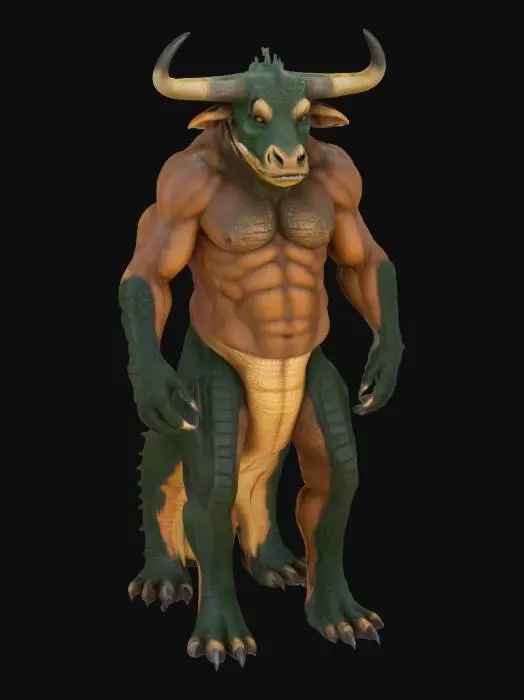 3D model for Ultra Realistic, create A Hybrid of Minotaur with Gator, Detailed, Full Body, Imposing visual Arm and Leg muscles, Unobstructed fearful Face , Tall Structured, Built Body, Brownish skin in bull part and Dark greenish on Gator Parts,Minotaur Outwards Horns,Brute.
