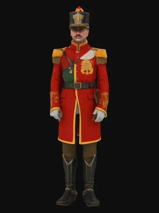 3D model for ultra-realistic; art-style:Dungeons & Dragons; A Hungarian guard officer in uniform of the imperial period;
 Standing; Full Body; Ultra-detailed; natural-realistic colors of the Century. 