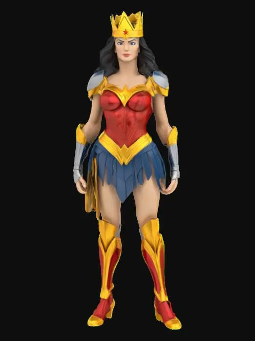 3D model for comic style. Create a detailed Modell of a Wonder Woman-inspired action figure. 3D. standing. Full Body. The figurine should wear realistic red, blue, and gold armor, she has a golden tiara, and silver bracelets. Use bright colors.Highly detailed. Highly textured. Bold embossed and deeply etched features.