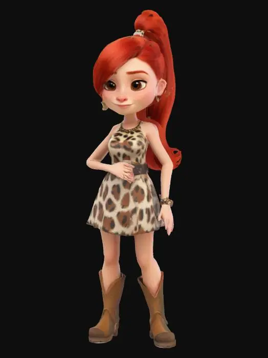 3D model for cartoonish; Art-Style:Pixar; ultra-realistic; A cute 20 year old Cave Female; Standing; full body, ;with great elegance; fantastic female proportion; she is wearing a short dress with leopard Pattern; she got pompous red Hair,in a Ponytail; Highly detailed. Highly textured. Bold embossed and deeply etched features.
