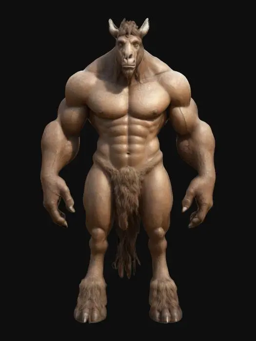 3D model for Pixar style; fantastical creature,resembles Centaur,Greek mythology,depicted with a massive, muscular body,realistic skin Colors brown tones, giving it a rugged and imposing appearance,the image is realistic with a touch of fantasy, suggesting mythology Ultra-High detailed. Highly textured.Bold embossed and deeply etched features.