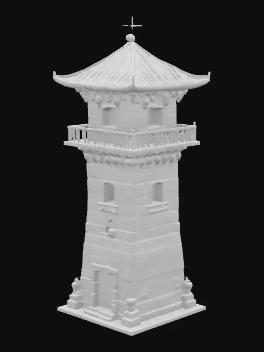 3D model for art-style:age of empire,ultra realistic, create a tall stone watchtower. square shaped construction. roof with brown-ocher tiles. deep carved edges. Use a vibrant and playful color scheme to enhance the fun appeal.antik .ensure weathered look. game ready.well-lit.