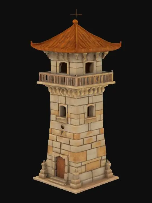 3D model for art-style:age of empire,ultra realistic, create a tall stone watchtower. square shaped construction. roof with brown-ocher tiles. deep carved edges. Use a vibrant and playful color scheme to enhance the fun appeal.antik .ensure weathered look. game ready.well-lit.