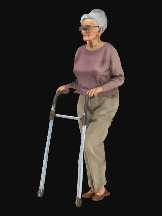 3D model for realistic, ninety year old granny with a walker.her gray hair in a hair bun. she wears worn trousers. brown plat shoes. oversized glasses . game assets.