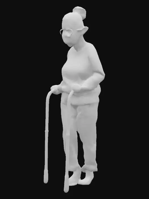 3D model for realistic, ninety year old granny with a walker.her gray hair in a hair bun. she wears worn trousers. brown plat shoes. oversized glasses . game assets.