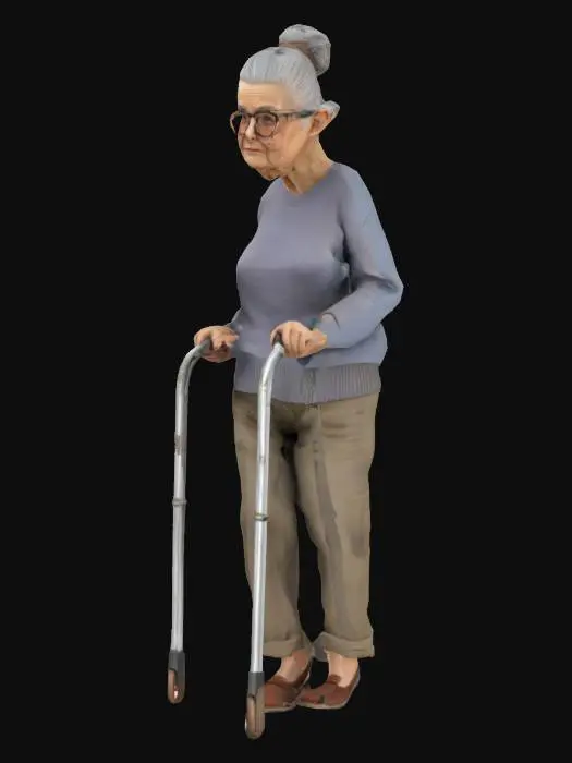 3D model for realistic, ninety year old granny with a walker.her gray hair in a hair bun. she wears worn trousers. brown plat shoes. oversized glasses . game assets.