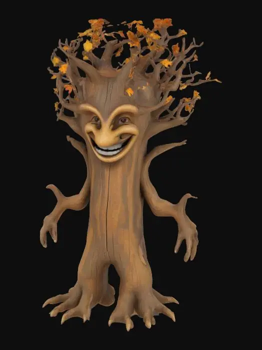 3D model for A antromorphe Baobad tree. Full Body. Art-style:Fantasy. smiling wooden face. two gnarled legs and two arms. game assets. The tree head has autumn leveless angular branches .High Detailed. Ultra Realistic. Natural Colors.