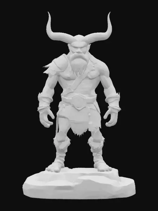 3D model for ultra detailed . comic style. pixar style. art-style :Dungeons & Dragons. a horned tribal beast warrior barbarian, he has orange hair and a red beard. use natural 
colors. highly clean stylized look. extrem detailed muscular Body. light leather amour.  standing on a square rough stone base.game assets.ensure solid printable figurine. 