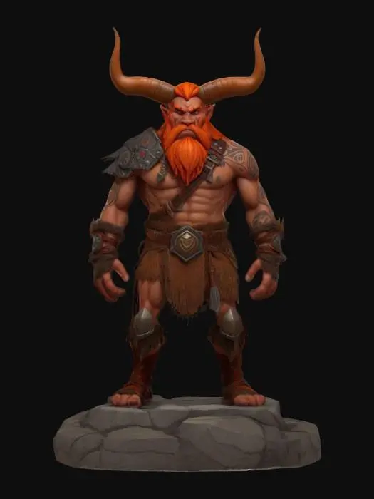 3D model for ultra detailed . comic style. pixar style. art-style :Dungeons & Dragons. a horned tribal beast warrior barbarian, he has orange hair and a red beard. use natural 
colors. highly clean stylized look. extrem detailed muscular Body. light leather amour.  standing on a square rough stone base.game assets.ensure solid printable figurine. 