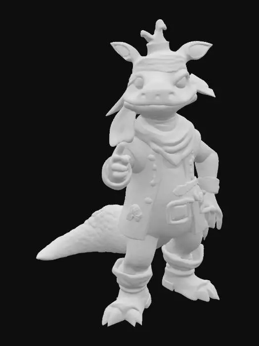 3D model for Art-Style: Pixar, ultra-realistic, all the textures are well lit and bright, ultra cartoonish colors.a salamander animal King. he is wearing Pirat Cloth he got blurred orange skin.ultra detailed .comic style. highly clean stylized look.game assets. ensure solid printable figurine.