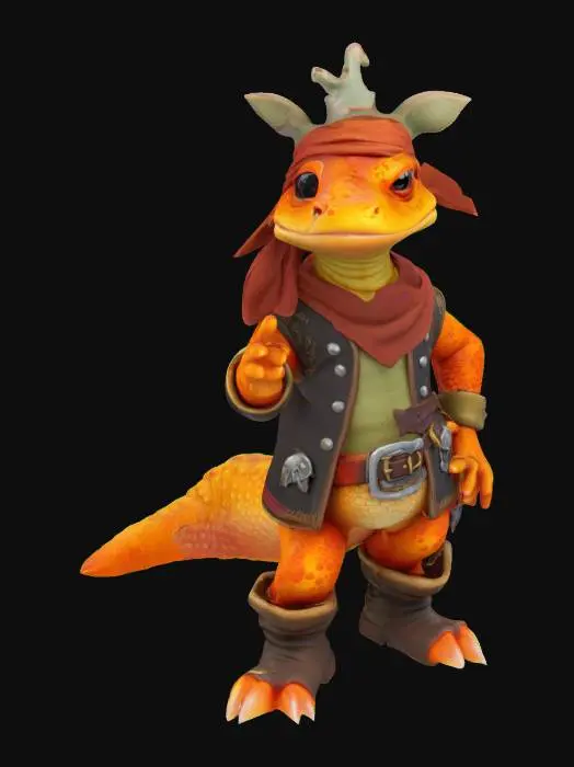 3D model for Art-Style: Pixar, ultra-realistic, all the textures are well lit and bright, ultra cartoonish colors.a salamander animal King. he is wearing Pirat Cloth he got blurred orange skin.ultra detailed .comic style. highly clean stylized look.game assets. ensure solid printable figurine.