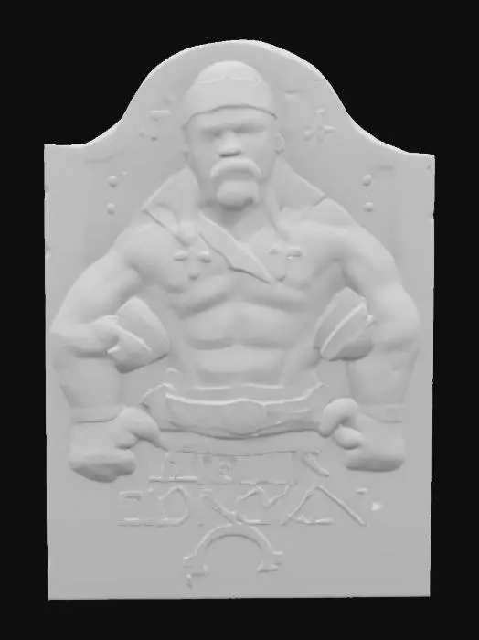 3D model for a gravestone shaped stone relief plaque featuring a detailed, textured depiction of Hulk Hogen from World Championship Wrestling. Known for his flamboyance, massive physique, and his trademark blond horseshoe mustache and bandanas, Hogan was widely regarded as the most recognized wrestling star worldwide. add some small crosses, a set of dumbbells, and the name "HULK HOGAN" inscribed.