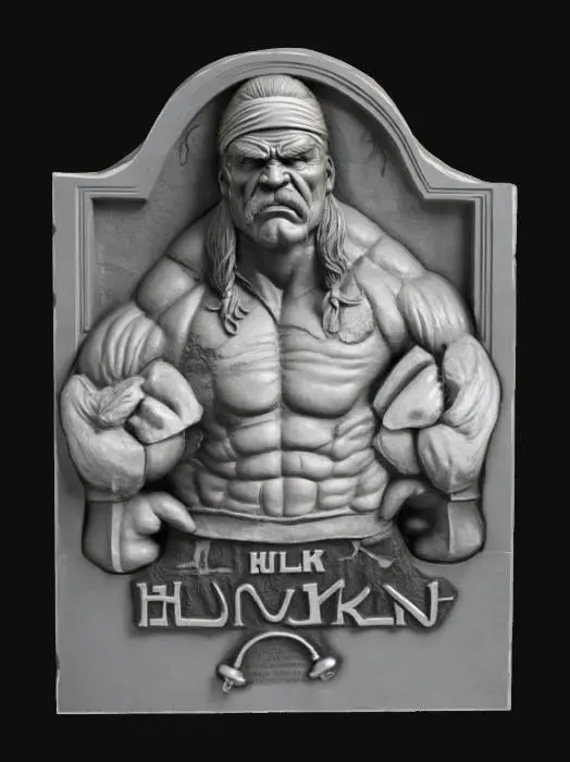 3D model for a gravestone shaped stone relief plaque featuring a detailed, textured depiction of Hulk Hogen from World Championship Wrestling. Known for his flamboyance, massive physique, and his trademark blond horseshoe mustache and bandanas, Hogan was widely regarded as the most recognized wrestling star worldwide. add some small crosses, a set of dumbbells, and the name "HULK HOGAN" inscribed.