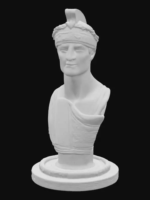 3D model for #PBR# Rome-style Clay-cast warrior bust with a realistic human face; circlet of laurel leaves intertwined with wheat sheaves, engraving on brow plate. Subtle verdigris accents, identical 60 cm scale geometry, 0.02 m edge bevel for realistic highlights, HDRI indoor gallery light. Deliver LOD0-3 FBX maps.