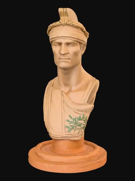 3D model for #PBR# Rome-style Clay-cast warrior bust with a realistic human face; circlet of laurel leaves intertwined with wheat sheaves, engraving on brow plate. Subtle verdigris accents, identical 60 cm scale geometry, 0.02 m edge bevel for realistic highlights, HDRI indoor gallery light. Deliver LOD0-3 FBX maps.