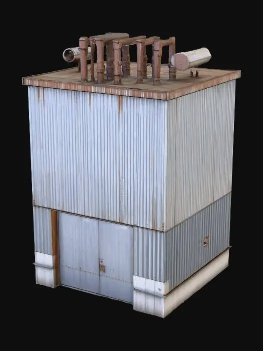 3D model for #PBR#, Ein rechteckiges Industriegebäude mit einer Fassade aus unterschiedlich großen, verwitterten Wellblechplatten und flachen Metallpaneelen. Die Metalloberflächen zeigen eine Palette von Grautönen, von hell verzinkt bis dunkel-rostig, mit deutlichen Spuren von Korrosion und Schmutz, die eine raue, unregelmäßige Textur erzeugen. Nieten sind sichtbar entlang der Verbindungen der Paneele. Ein hoher Betonsockel mit sichtbaren Rissen und Abplatzungen bildet die Basis. Mehrere Lüftungsrohre und ein großes Schiebetor aus Wellblech prägen die Vorderseite., #PBR#