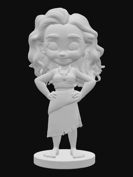 3D model for Eine charmante Bobblehead-Figur, die Moana darstellt, gefertigt aus glattem, mattem Kunststoff.Die fugur kommt aus dem 3d-Drucker. Ihr großer Kopf zeigt ein breites Lächeln, große braune Augen und volles, texturiertes, dunkelbraunes Lockenhaar. Sie trägt ein rotes Oberteil mit weißen und schwarzen grafischen Mustern und einen beigefarbenen Wickelrock mit ausgeschnittenen, ornamentalen Details und einer roten Schärpe. Eine türkisfarbene Perlenkette ziert ihren Hals. Die Figur steht mit Händen in den Hüften auf einem runden, hellbraunen Sockel mit einem umlaufenden blauen Wellenmuster., #PBR#
