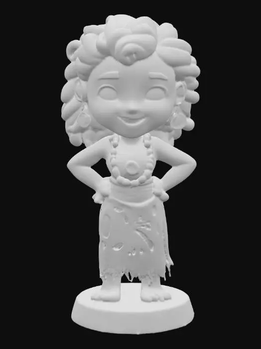 3D model for Eine charmante Bobblehead-Figur, die Moana darstellt, gefertigt aus glattem, mattem Kunststoff.Die fugur kommt aus dem 3d-Drucker. Ihr großer Kopf zeigt ein breites Lächeln, große braune Augen und volles, texturiertes, dunkelbraunes Lockenhaar. Sie trägt ein rotes Oberteil mit weißen und schwarzen grafischen Mustern und einen beigefarbenen Wickelrock mit ausgeschnittenen, ornamentalen Details und einer roten Schärpe. Eine türkisfarbene Perlenkette ziert ihren Hals. Die Figur steht mit Händen in den Hüften auf einem runden, hellbraunen Sockel mit einem umlaufenden blauen Wellenmuster., #PBR#
