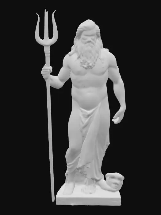 3D model for #PBR#, Design a realistic marble statue of Poseidon, the Greek god of the sea, with a powerful, regal presence.Style of michelangelo. The statue should feature defined, muscular details and flowing hair and beard attached to the body, holding a trident in a commanding stance. Crafted from textured white marble, the statue has slight imperfections, capturing a handmade, timeless quality that emphasizes Poseidon’s ancient connection to the ocean. #marble#