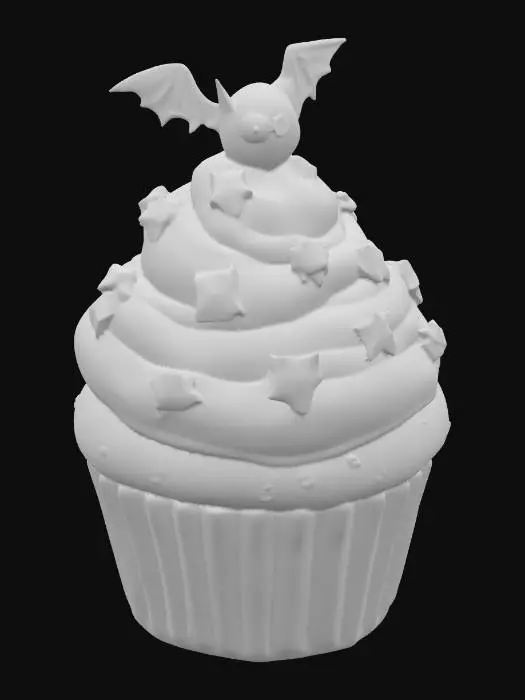 3D model for #food#, create a cartoon cupcake with a light-blue ribbed, cylindrical base, topped with orange icing, chocolate stars and heart shaped red decorations, and a bat-shaped topper out of brown nougat., #food#